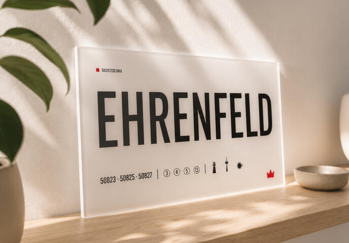 Opaline Plexiglas-Designtafel „Ehrenfeld“ von DasIstColonia auf einem hellen Regal im warmen Tageslicht. Design Straßenschild für Köln-Liebhaber