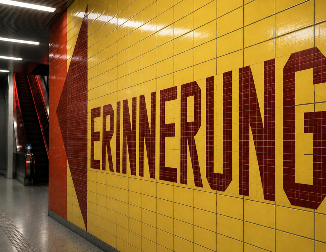 KVB Station Hans-Böckler-Platz – Erinnerung KVB-Station Hans-Böckler-Platz in Köln mit dem künstlerischen Schriftzug „Erinnerung“ auf der gelben Fliesenwand.